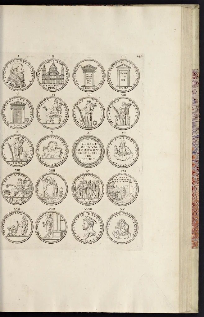 An illustration from Numismata pontificum Romanorum quae a tempore Martini V. usque ad annum M. DC. XCIX vel authoritate publica, vel privato genio in lucem prodiere, 1699, leaf 328
