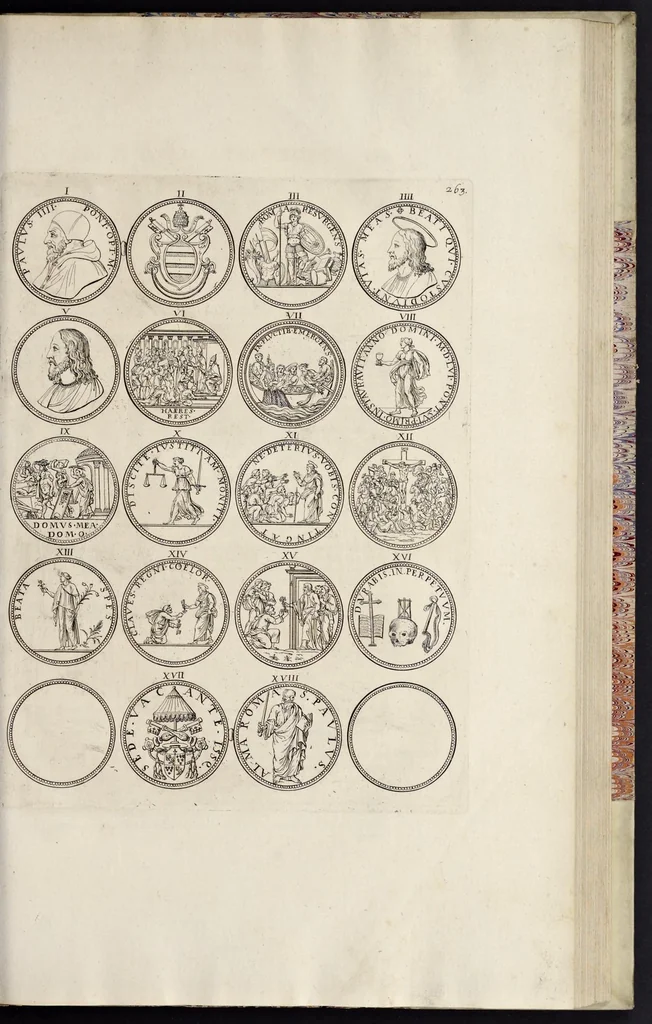 An illustration from Numismata pontificum Romanorum quae a tempore Martini V. usque ad annum M. DC. XCIX vel authoritate publica, vel privato genio in lucem prodiere, 1699, leaf 354