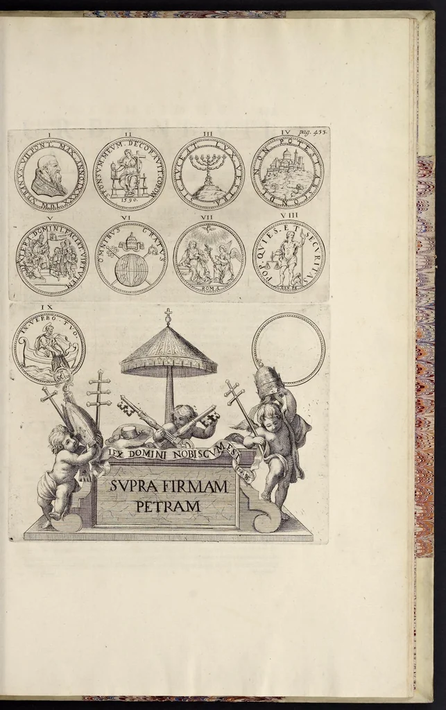 An illustration from Numismata pontificum Romanorum quae a tempore Martini V. usque ad annum M. DC. XCIX vel authoritate publica, vel privato genio in lucem prodiere, 1699, leaf 568