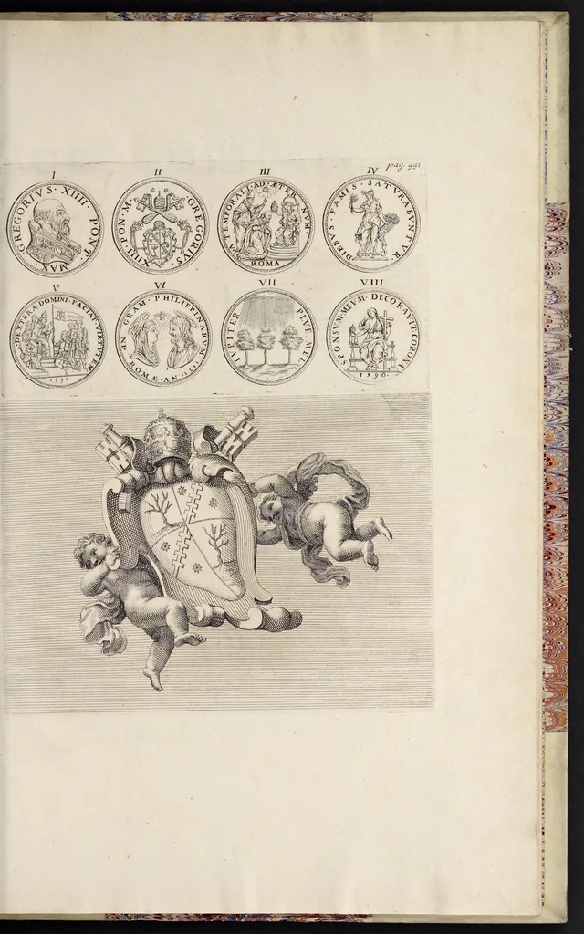 An illustration from Numismata pontificum Romanorum quae a tempore Martini V. usque ad annum M. DC. XCIX vel authoritate publica, vel privato genio in lucem prodiere, 1699, leaf 582