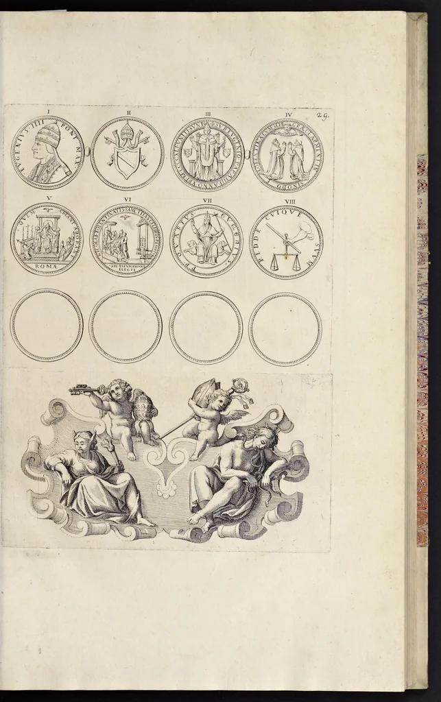 An illustration from Numismata pontificum Romanorum quae a tempore Martini V. usque ad annum M. DC. XCIX vel authoritate publica, vel privato genio in lucem prodiere, 1699, leaf 82