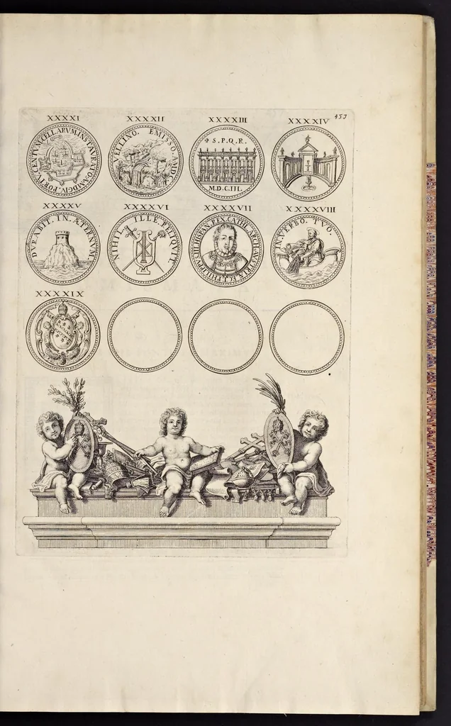 An illustration from Numismata pontificum Romanorum quae a tempore Martini V. usque ad annum M. DC. XCIX vel authoritate publica, vel privato genio in lucem prodiere, 1699, leaf 12