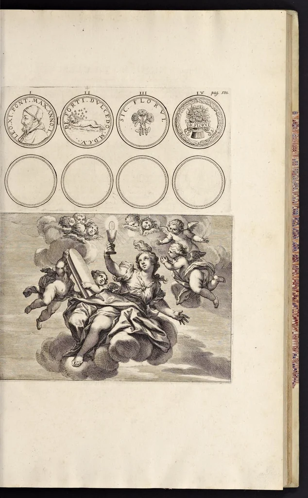 An illustration from Numismata pontificum Romanorum quae a tempore Martini V. usque ad annum M. DC. XCIX vel authoritate publica, vel privato genio in lucem prodiere, 1699, leaf 58
