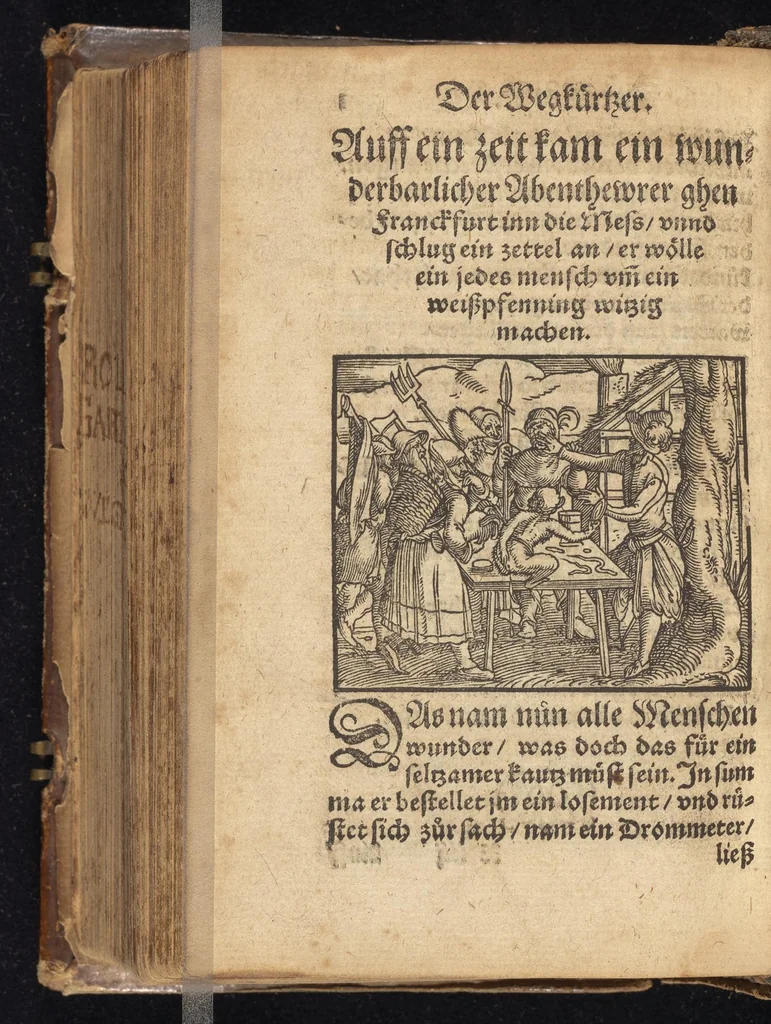 An illustration from Der Wegkürtzer : das dritte Theil des Rollwagens : von viel schönen lustigen vnd kurtzweiligen Historien in Wägen, Schiffen, Gärten, Zechen vnd sonsten lustig zůlesen vnnd zů erzelen : mit einem sehr schönen vnd fast nützlichen Büchlin, darinn die jungen Gesellen beuorab die sich frembder Land gebrauchen wöllen, wess sie sich halten sollen, vunterwiesen werden, mit schönen Historien beybracht : jetzt abermal mit Fleiss vbersehen, gemehret vnnd schonen Figuren geziert, sampt einem kurrtzen Register, 1565, leaf 11