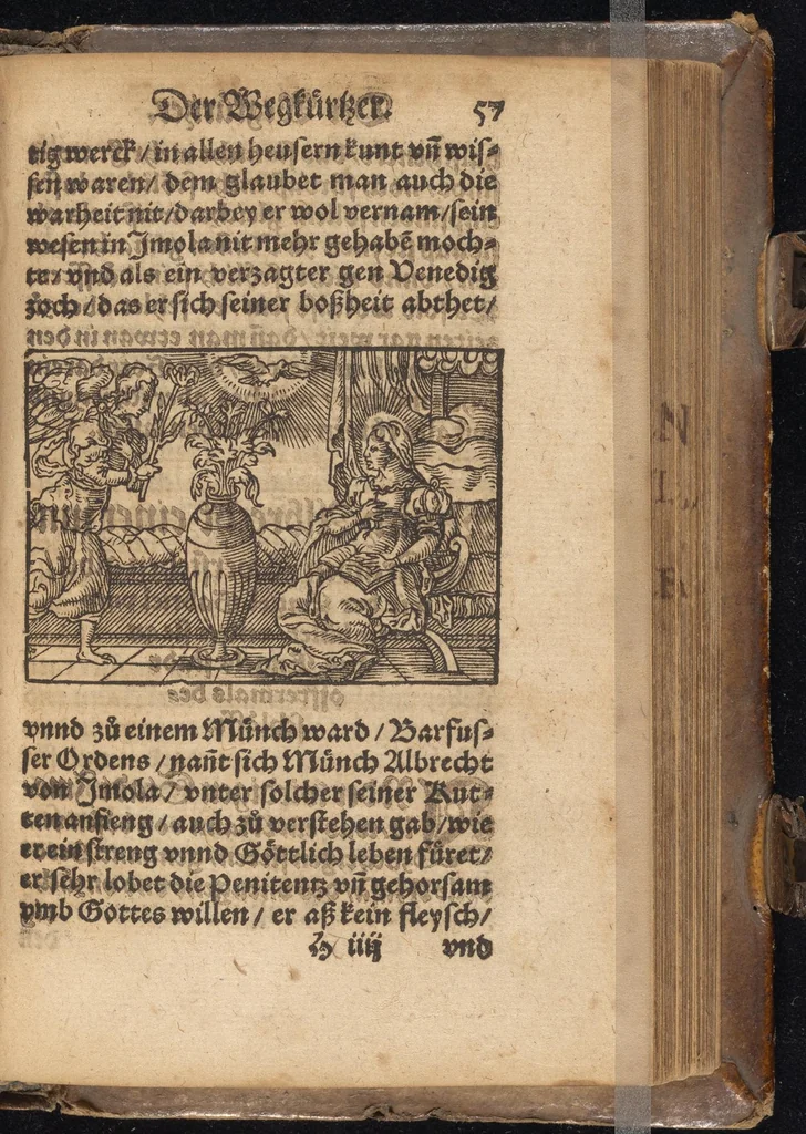 An illustration from Der Wegkürtzer : das dritte Theil des Rollwagens : von viel schönen lustigen vnd kurtzweiligen Historien in Wägen, Schiffen, Gärten, Zechen vnd sonsten lustig zůlesen vnnd zů erzelen : mit einem sehr schönen vnd fast nützlichen Büchlin, darinn die jungen Gesellen beuorab die sich frembder Land gebrauchen wöllen, wess sie sich halten sollen, vunterwiesen werden, mit schönen Historien beybracht : jetzt abermal mit Fleiss vbersehen, gemehret vnnd schonen Figuren geziert, sampt einem kurrtzen Register, 1565, leaf 122