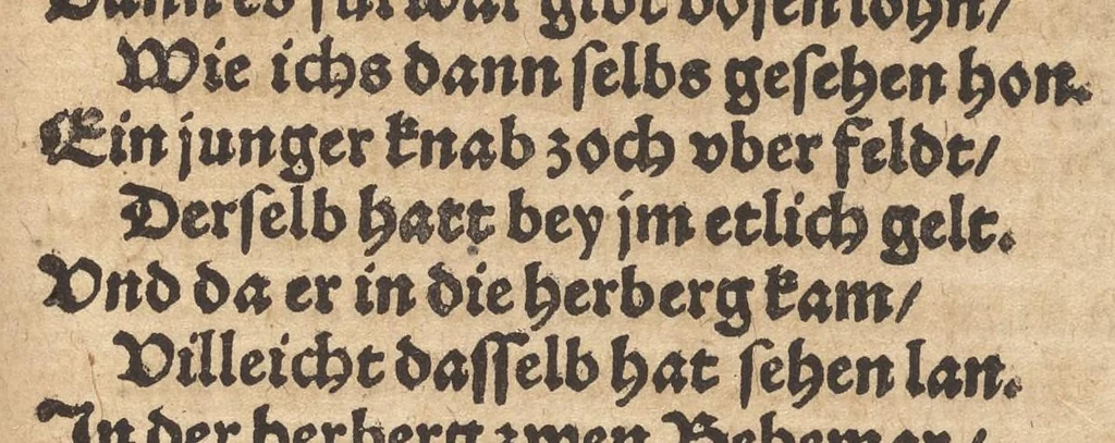 An illustration from Der Wegkürtzer : das dritte Theil des Rollwagens : von viel schönen lustigen vnd kurtzweiligen Historien in Wägen, Schiffen, Gärten, Zechen vnd sonsten lustig zůlesen vnnd zů erzelen : mit einem sehr schönen vnd fast nützlichen Büchlin, darinn die jungen Gesellen beuorab die sich frembder Land gebrauchen wöllen, wess sie sich halten sollen, vunterwiesen werden, mit schönen Historien beybracht : jetzt abermal mit Fleiss vbersehen, gemehret vnnd schonen Figuren geziert, sampt einem kurrtzen Register, 1565, leaf 306