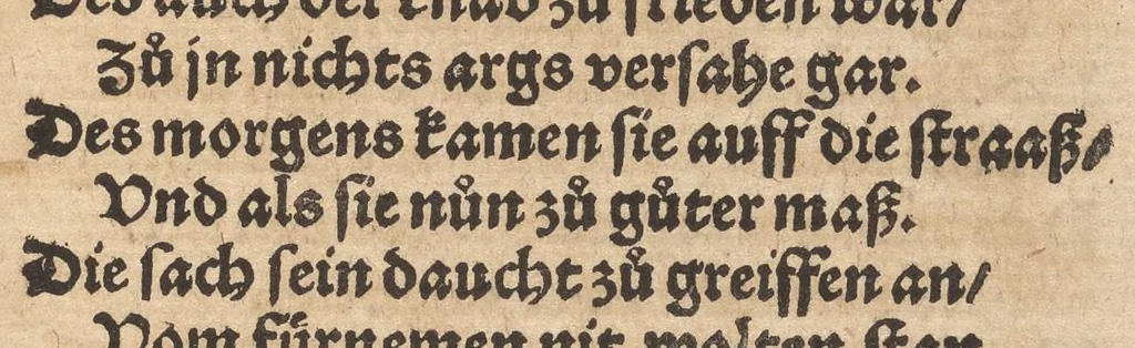An illustration from Der Wegkürtzer : das dritte Theil des Rollwagens : von viel schönen lustigen vnd kurtzweiligen Historien in Wägen, Schiffen, Gärten, Zechen vnd sonsten lustig zůlesen vnnd zů erzelen : mit einem sehr schönen vnd fast nützlichen Büchlin, darinn die jungen Gesellen beuorab die sich frembder Land gebrauchen wöllen, wess sie sich halten sollen, vunterwiesen werden, mit schönen Historien beybracht : jetzt abermal mit Fleiss vbersehen, gemehret vnnd schonen Figuren geziert, sampt einem kurrtzen Register, 1565, leaf 306