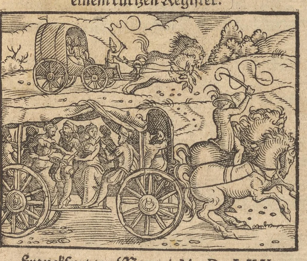 An illustration from Der Wegkürtzer : das dritte Theil des Rollwagens : von viel schönen lustigen vnd kurtzweiligen Historien in Wägen, Schiffen, Gärten, Zechen vnd sonsten lustig zůlesen vnnd zů erzelen : mit einem sehr schönen vnd fast nützlichen Büchlin, darinn die jungen Gesellen beuorab die sich frembder Land gebrauchen wöllen, wess sie sich halten sollen, vunterwiesen werden, mit schönen Historien beybracht : jetzt abermal mit Fleiss vbersehen, gemehret vnnd schonen Figuren geziert, sampt einem kurrtzen Register, 1565, leaf 4