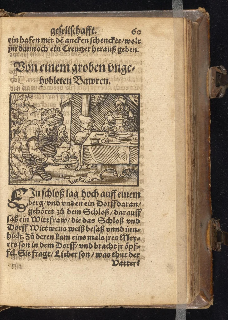 An illustration from Die Gartengesellschafft : das ander Theil dess Rollwagens : darinn mancherley frölich Gsprech, Schimpfreden, Speywerck vnnd sonst kurtzweilige Schwenck vnnd Bossen, von Historien vnnd Fabeln zů finden : in Gärten, Zechen vnnd auff dem Feld, sehr lustig zů lesen ; jetzt widerumb von newem mit Fleiss vbersehen, gemehrt, vnd mit schönen Figuren geziert, sampt einem ordenlichen Register, 1565, leaf 130