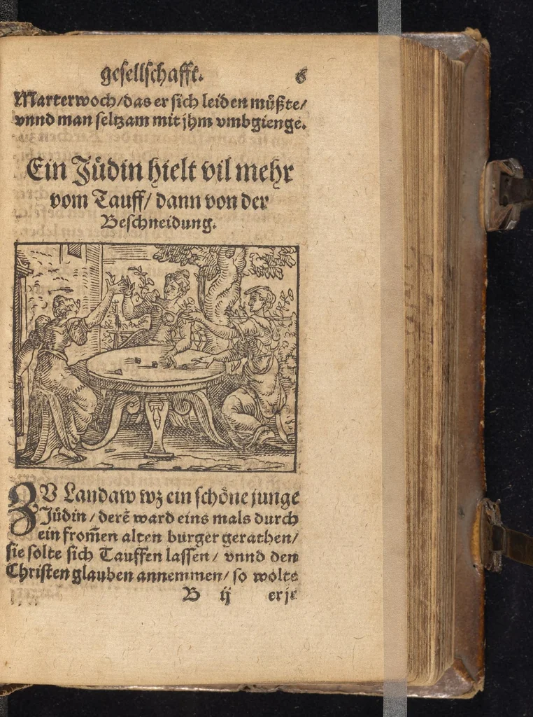 An illustration from Die Gartengesellschafft : das ander Theil dess Rollwagens : darinn mancherley frölich Gsprech, Schimpfreden, Speywerck vnnd sonst kurtzweilige Schwenck vnnd Bossen, von Historien vnnd Fabeln zů finden : in Gärten, Zechen vnnd auff dem Feld, sehr lustig zů lesen ; jetzt widerumb von newem mit Fleiss vbersehen, gemehrt, vnd mit schönen Figuren geziert, sampt einem ordenlichen Register, 1565, leaf 22