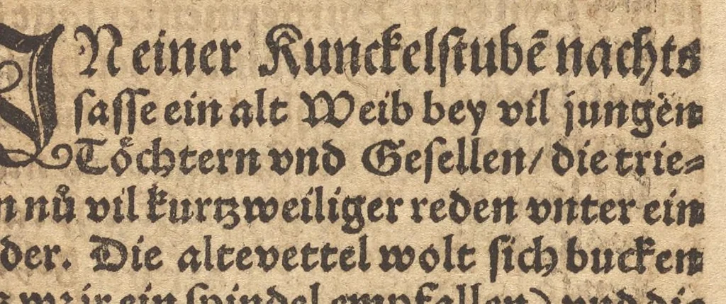 An illustration from Die Gartengesellschafft : das ander Theil dess Rollwagens : darinn mancherley frölich Gsprech, Schimpfreden, Speywerck vnnd sonst kurtzweilige Schwenck vnnd Bossen, von Historien vnnd Fabeln zů finden : in Gärten, Zechen vnnd auff dem Feld, sehr lustig zů lesen ; jetzt widerumb von newem mit Fleiss vbersehen, gemehrt, vnd mit schönen Figuren geziert, sampt einem ordenlichen Register, 1565, leaf 242