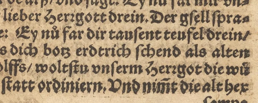 An illustration from Die Gartengesellschafft : das ander Theil dess Rollwagens : darinn mancherley frölich Gsprech, Schimpfreden, Speywerck vnnd sonst kurtzweilige Schwenck vnnd Bossen, von Historien vnnd Fabeln zů finden : in Gärten, Zechen vnnd auff dem Feld, sehr lustig zů lesen ; jetzt widerumb von newem mit Fleiss vbersehen, gemehrt, vnd mit schönen Figuren geziert, sampt einem ordenlichen Register, 1565, leaf 242