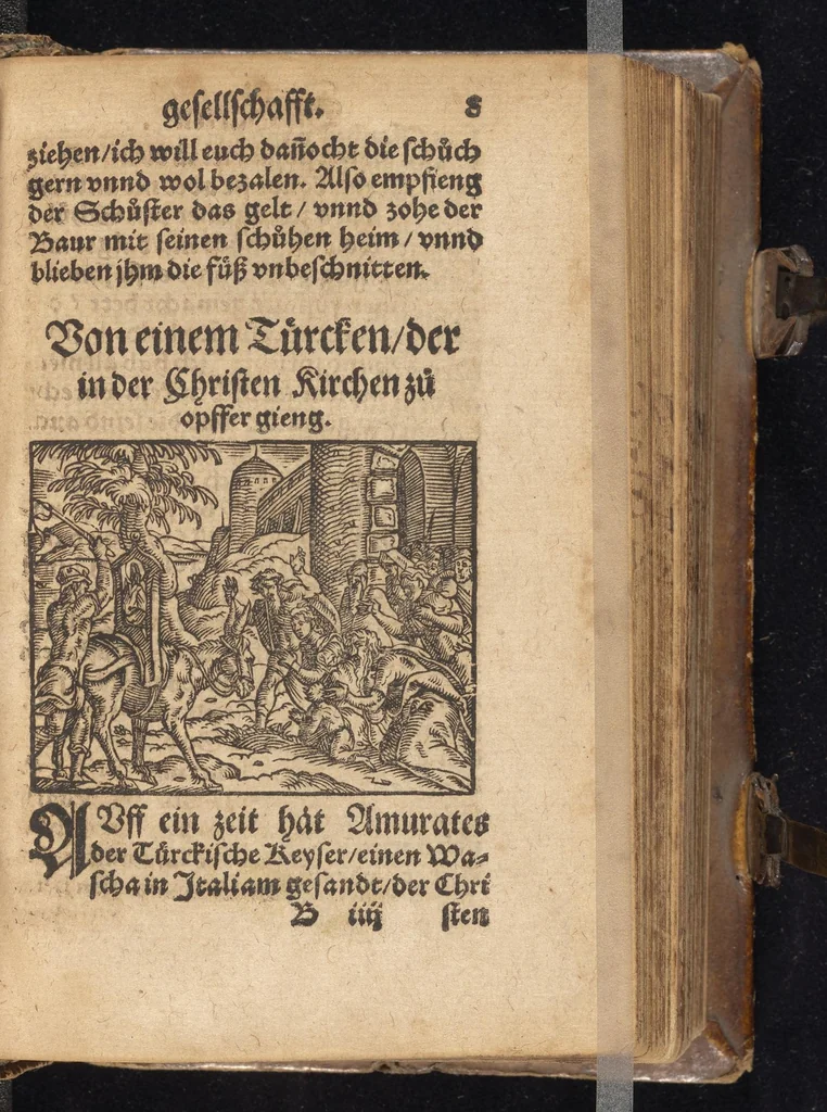 An illustration from Die Gartengesellschafft : das ander Theil dess Rollwagens : darinn mancherley frölich Gsprech, Schimpfreden, Speywerck vnnd sonst kurtzweilige Schwenck vnnd Bossen, von Historien vnnd Fabeln zů finden : in Gärten, Zechen vnnd auff dem Feld, sehr lustig zů lesen ; jetzt widerumb von newem mit Fleiss vbersehen, gemehrt, vnd mit schönen Figuren geziert, sampt einem ordenlichen Register, 1565, leaf 26