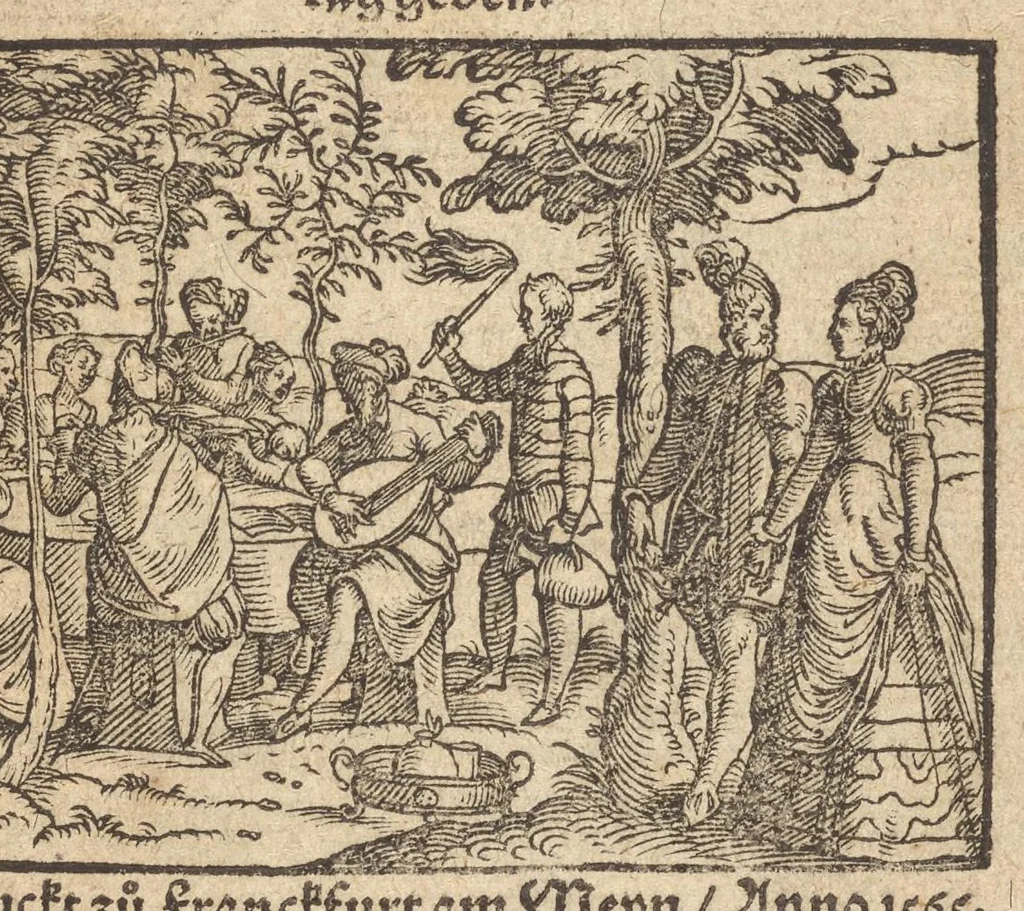 An illustration from Die Gartengesellschafft : das ander Theil dess Rollwagens : darinn mancherley frölich Gsprech, Schimpfreden, Speywerck vnnd sonst kurtzweilige Schwenck vnnd Bossen, von Historien vnnd Fabeln zů finden : in Gärten, Zechen vnnd auff dem Feld, sehr lustig zů lesen ; jetzt widerumb von newem mit Fleiss vbersehen, gemehrt, vnd mit schönen Figuren geziert, sampt einem ordenlichen Register, 1565, leaf 4