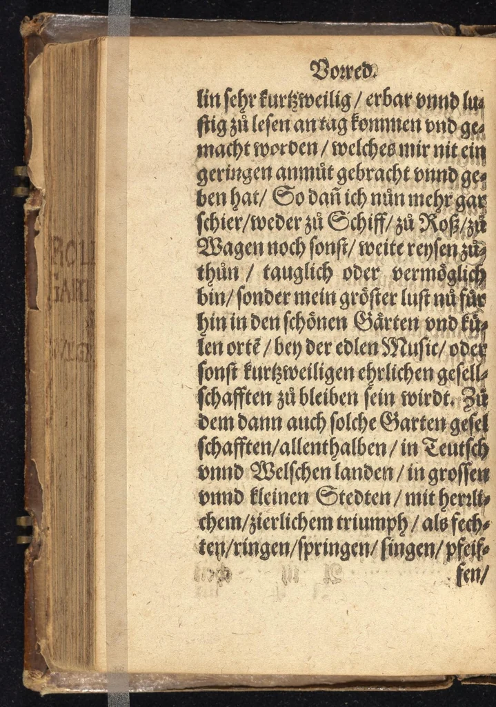 An illustration from Die Gartengesellschafft : das ander Theil dess Rollwagens : darinn mancherley frölich Gsprech, Schimpfreden, Speywerck vnnd sonst kurtzweilige Schwenck vnnd Bossen, von Historien vnnd Fabeln zů finden : in Gärten, Zechen vnnd auff dem Feld, sehr lustig zů lesen ; jetzt widerumb von newem mit Fleiss vbersehen, gemehrt, vnd mit schönen Figuren geziert, sampt einem ordenlichen Register, 1565, leaf 7