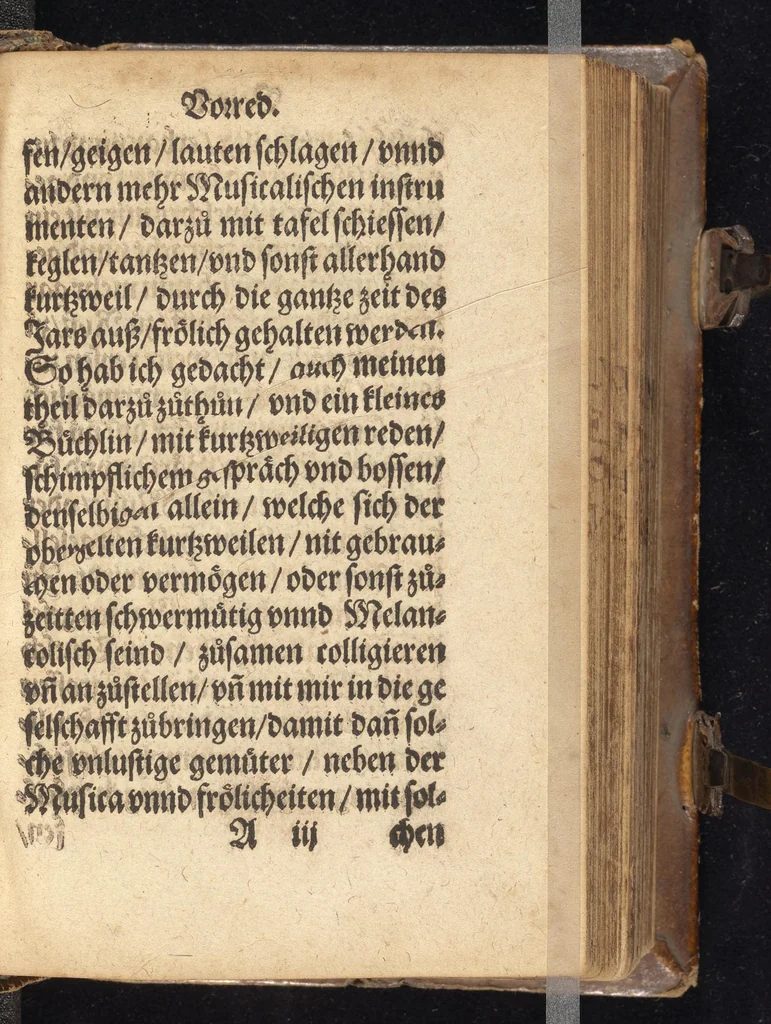 An illustration from Die Gartengesellschafft : das ander Theil dess Rollwagens : darinn mancherley frölich Gsprech, Schimpfreden, Speywerck vnnd sonst kurtzweilige Schwenck vnnd Bossen, von Historien vnnd Fabeln zů finden : in Gärten, Zechen vnnd auff dem Feld, sehr lustig zů lesen ; jetzt widerumb von newem mit Fleiss vbersehen, gemehrt, vnd mit schönen Figuren geziert, sampt einem ordenlichen Register, 1565, leaf 8