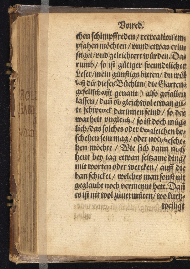 An illustration from Die Gartengesellschafft : das ander Theil dess Rollwagens : darinn mancherley frölich Gsprech, Schimpfreden, Speywerck vnnd sonst kurtzweilige Schwenck vnnd Bossen, von Historien vnnd Fabeln zů finden : in Gärten, Zechen vnnd auff dem Feld, sehr lustig zů lesen ; jetzt widerumb von newem mit Fleiss vbersehen, gemehrt, vnd mit schönen Figuren geziert, sampt einem ordenlichen Register, 1565, leaf 9