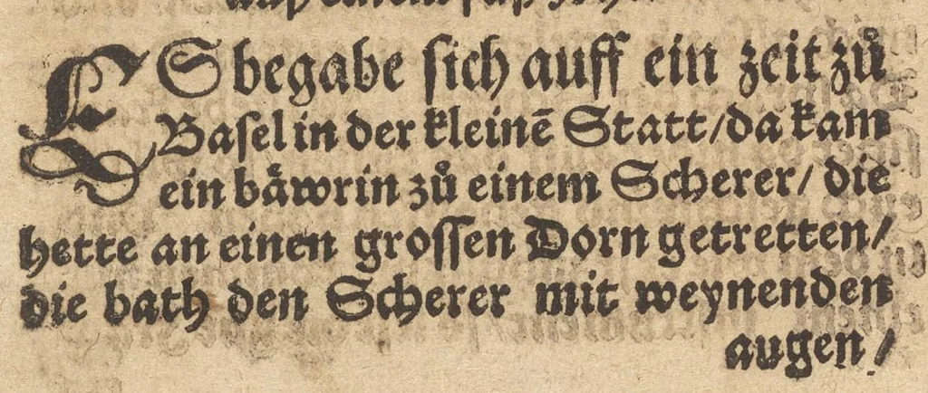 An illustration from Der Rollwagen : ein hübsch, lustig, vnd kurtzweilig Büchlin, darin viel gůter Schwenck vnd Historien, von allerhandt frölichem Gespräch, Schimpffreden, Speywerck vnd Bossen begriffen : auff den Rollwägen, oder in Schiffen, die langweilige Zeit vnnd Vnmůth damit zů vertreiben : in drey vnterschiedliche Theil abgetheilt, 1565, leaf 13