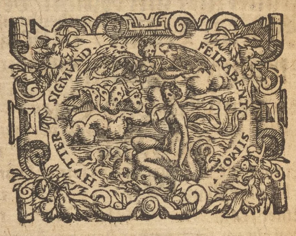 An illustration from Der Rollwagen : ein hübsch, lustig, vnd kurtzweilig Büchlin, darin viel gůter Schwenck vnd Historien, von allerhandt frölichem Gespräch, Schimpffreden, Speywerck vnd Bossen begriffen : auff den Rollwägen, oder in Schiffen, die langweilige Zeit vnnd Vnmůth damit zů vertreiben : in drey vnterschiedliche Theil abgetheilt, 1565, leaf 327