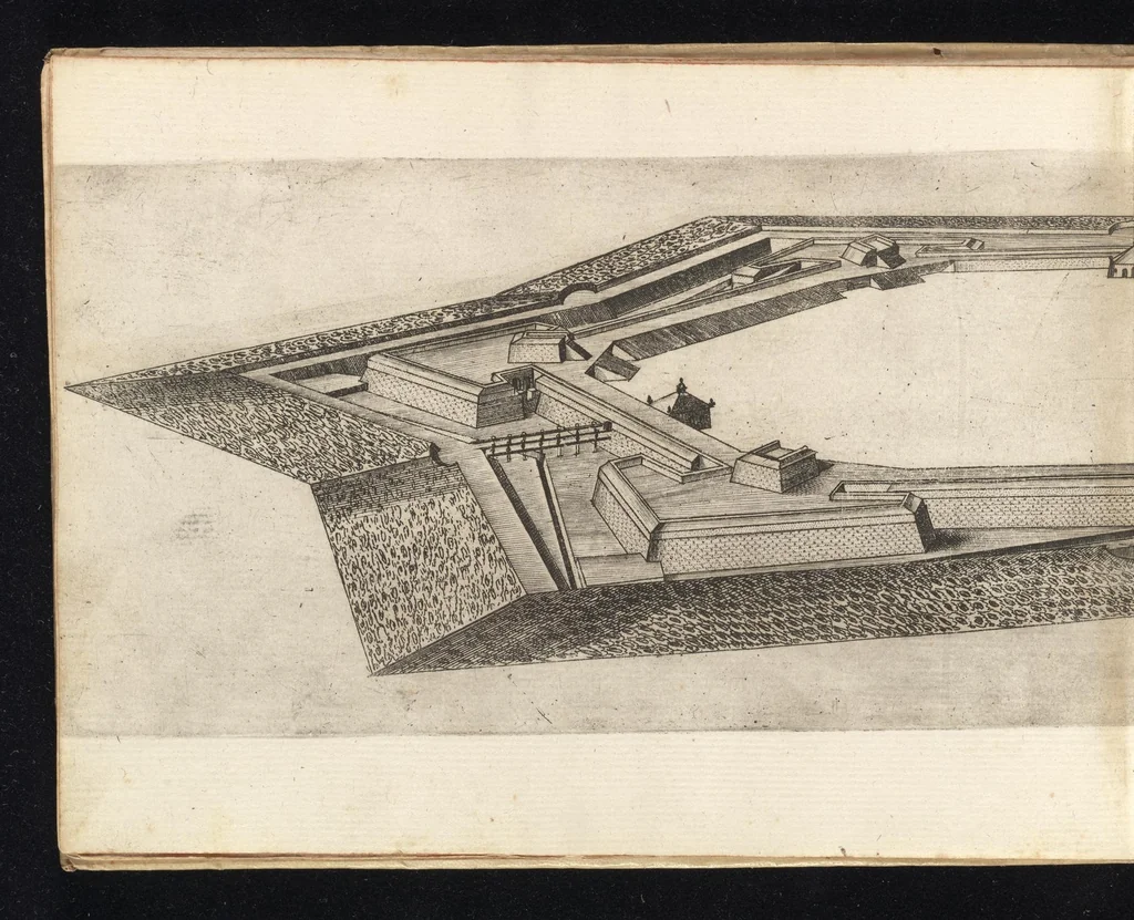 An illustration from Prospettiva di fortificationi dell'ingegnere et capitano Girolamo Portigiani Fioren[tin]o : nella quale rimirando ciascheduno professore esperto dell'arte della militia, potrà in un subito come in uno specchio uedere tutto qucllo quasi, che altroue alla lunga & del fabricare & del difendere & dell'espugnar fortezze, letto, ò in ca[m]pagna, in fatto praticato hauessi .., 1648, leaf 25