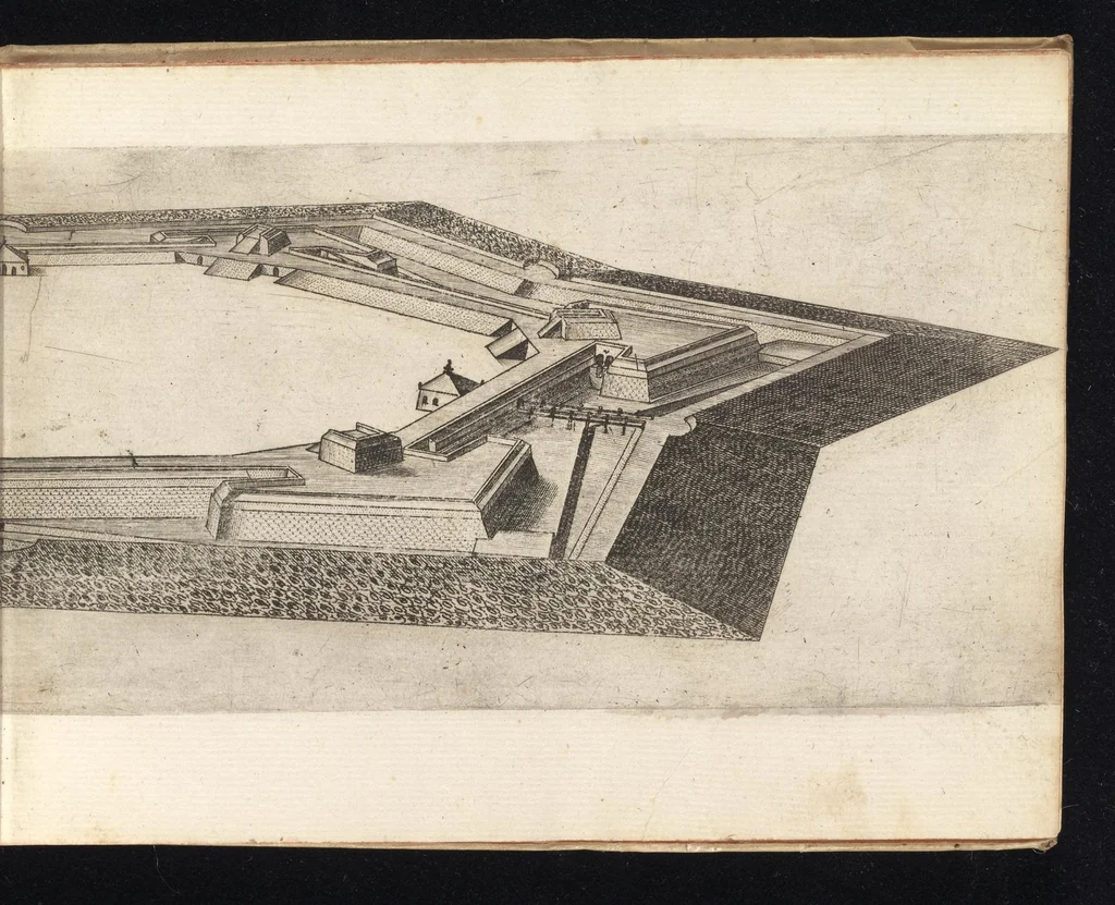 An illustration from Prospettiva di fortificationi dell'ingegnere et capitano Girolamo Portigiani Fioren[tin]o : nella quale rimirando ciascheduno professore esperto dell'arte della militia, potrà in un subito come in uno specchio uedere tutto qucllo quasi, che altroue alla lunga & del fabricare & del difendere & dell'espugnar fortezze, letto, ò in ca[m]pagna, in fatto praticato hauessi .., 1648, leaf 26