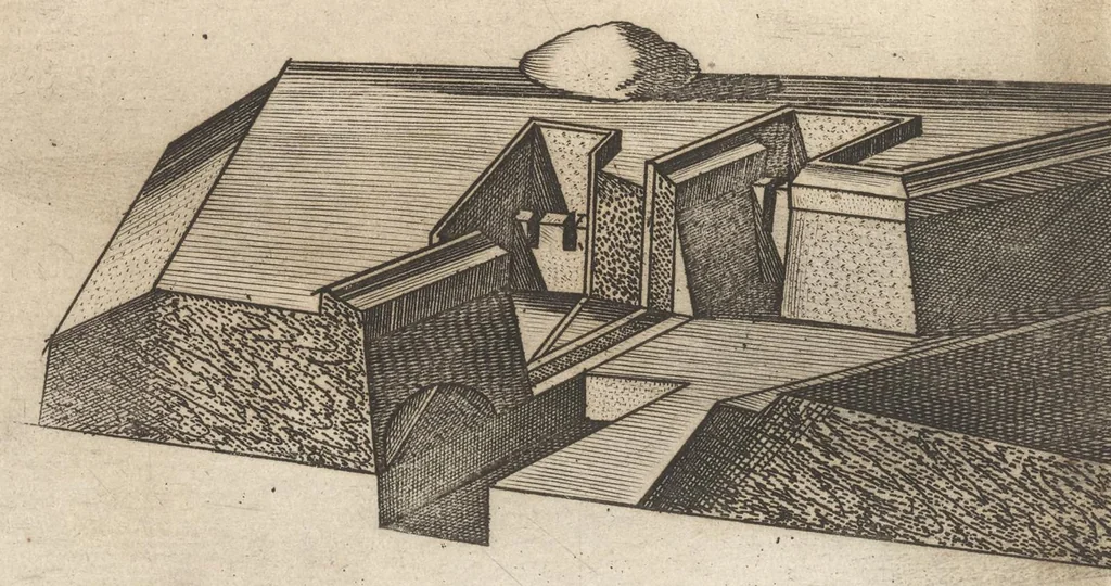 An illustration from Prospettiva di fortificationi dell'ingegnere et capitano Girolamo Portigiani Fioren[tin]o : nella quale rimirando ciascheduno professore esperto dell'arte della militia, potrà in un subito come in uno specchio uedere tutto qucllo quasi, che altroue alla lunga & del fabricare & del difendere & dell'espugnar fortezze, letto, ò in ca[m]pagna, in fatto praticato hauessi .., 1648, leaf 33