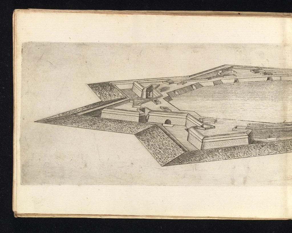 An illustration from Prospettiva di fortificationi dell'ingegnere et capitano Girolamo Portigiani Fioren[tin]o : nella quale rimirando ciascheduno professore esperto dell'arte della militia, potrà in un subito come in uno specchio uedere tutto qucllo quasi, che altroue alla lunga & del fabricare & del difendere & dell'espugnar fortezze, letto, ò in ca[m]pagna, in fatto praticato hauessi .., 1648, leaf 37
