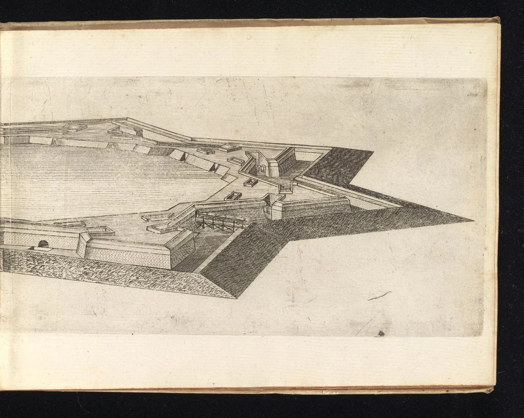 An illustration from Prospettiva di fortificationi dell'ingegnere et capitano Girolamo Portigiani Fioren[tin]o : nella quale rimirando ciascheduno professore esperto dell'arte della militia, potrà in un subito come in uno specchio uedere tutto qucllo quasi, che altroue alla lunga & del fabricare & del difendere & dell'espugnar fortezze, letto, ò in ca[m]pagna, in fatto praticato hauessi .., 1648, leaf 38