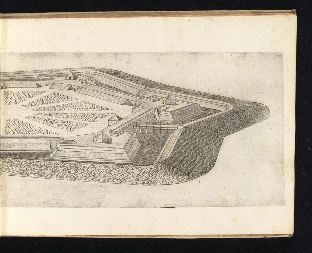 An illustration from Prospettiva di fortificationi dell'ingegnere et capitano Girolamo Portigiani Fioren[tin]o : nella quale rimirando ciascheduno professore esperto dell'arte della militia, potrà in un subito come in uno specchio uedere tutto qucllo quasi, che altroue alla lunga & del fabricare & del difendere & dell'espugnar fortezze, letto, ò in ca[m]pagna, in fatto praticato hauessi .., 1648, leaf 46