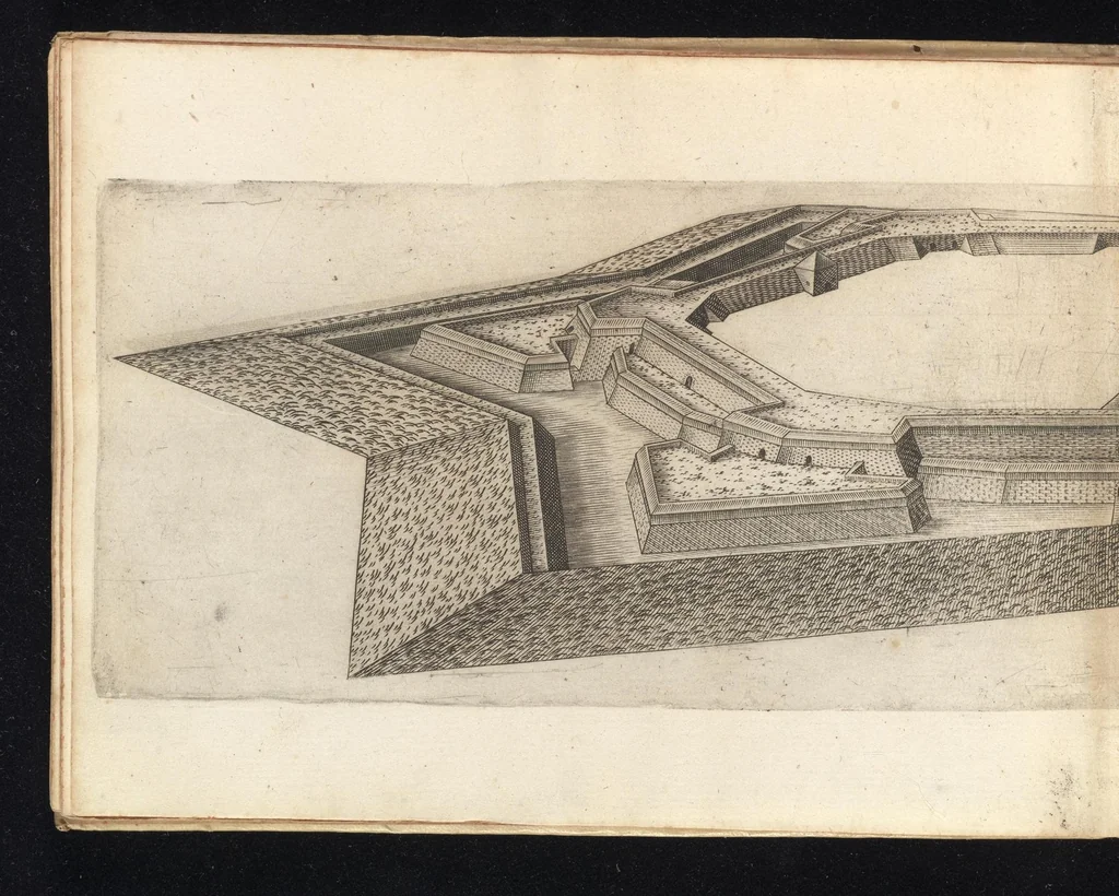 An illustration from Prospettiva di fortificationi dell'ingegnere et capitano Girolamo Portigiani Fioren[tin]o : nella quale rimirando ciascheduno professore esperto dell'arte della militia, potrà in un subito come in uno specchio uedere tutto qucllo quasi, che altroue alla lunga & del fabricare & del difendere & dell'espugnar fortezze, letto, ò in ca[m]pagna, in fatto praticato hauessi .., 1648, leaf 53