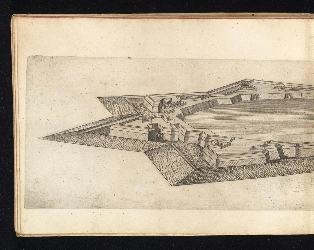 An illustration from Prospettiva di fortificationi dell'ingegnere et capitano Girolamo Portigiani Fioren[tin]o : nella quale rimirando ciascheduno professore esperto dell'arte della militia, potrà in un subito come in uno specchio uedere tutto qucllo quasi, che altroue alla lunga & del fabricare & del difendere & dell'espugnar fortezze, letto, ò in ca[m]pagna, in fatto praticato hauessi .., 1648, leaf 57
