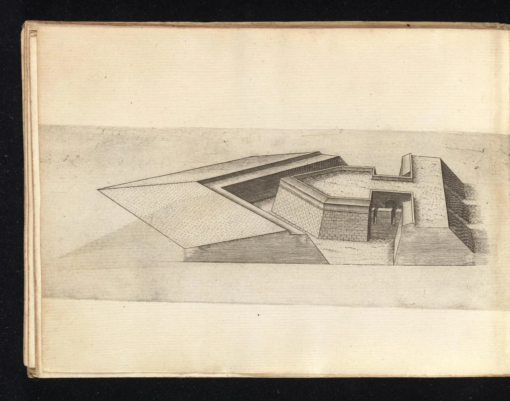 An illustration from Prospettiva di fortificationi dell'ingegnere et capitano Girolamo Portigiani Fioren[tin]o : nella quale rimirando ciascheduno professore esperto dell'arte della militia, potrà in un subito come in uno specchio uedere tutto qucllo quasi, che altroue alla lunga & del fabricare & del difendere & dell'espugnar fortezze, letto, ò in ca[m]pagna, in fatto praticato hauessi .., 1648, leaf 69