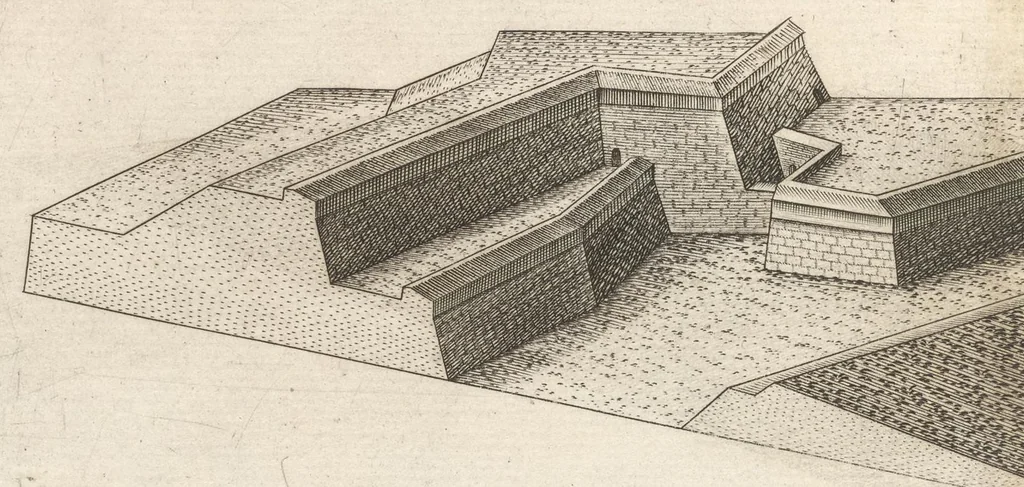 An illustration from Prospettiva di fortificationi dell'ingegnere et capitano Girolamo Portigiani Fioren[tin]o : nella quale rimirando ciascheduno professore esperto dell'arte della militia, potrà in un subito come in uno specchio uedere tutto qucllo quasi, che altroue alla lunga & del fabricare & del difendere & dell'espugnar fortezze, letto, ò in ca[m]pagna, in fatto praticato hauessi .., 1648, leaf 73