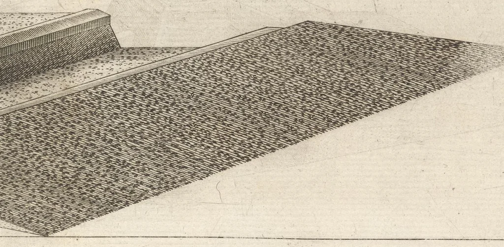 An illustration from Prospettiva di fortificationi dell'ingegnere et capitano Girolamo Portigiani Fioren[tin]o : nella quale rimirando ciascheduno professore esperto dell'arte della militia, potrà in un subito come in uno specchio uedere tutto qucllo quasi, che altroue alla lunga & del fabricare & del difendere & dell'espugnar fortezze, letto, ò in ca[m]pagna, in fatto praticato hauessi .., 1648, leaf 74