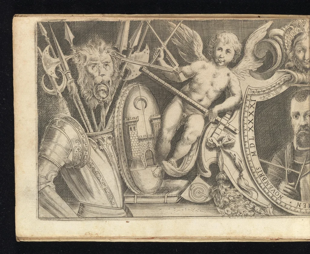 An illustration from Prospettiva di fortificationi dell'ingegnere et capitano Girolamo Portigiani Fioren[tin]o : nella quale rimirando ciascheduno professore esperto dell'arte della militia, potrà in un subito come in uno specchio uedere tutto qucllo quasi, che altroue alla lunga & del fabricare & del difendere & dell'espugnar fortezze, letto, ò in ca[m]pagna, in fatto praticato hauessi .., 1648, leaf 9