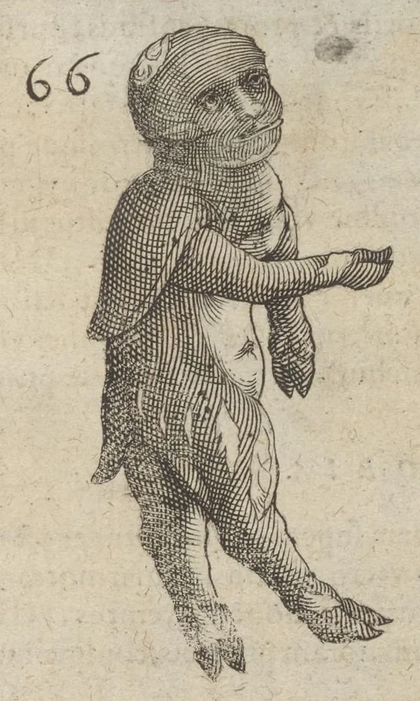An illustration from Monstrorum historia memorabilis : monstrosa humanorum partuum miracula : stupendis conformationum formulis ab vtero materno enata : viuis exemplis, obseruationibus, & picturis, referens : accessit analogicum argumentum de monstris brutis : Supplementi loco ad observationes medicas Schenkianas edita, 1609, leaf 100