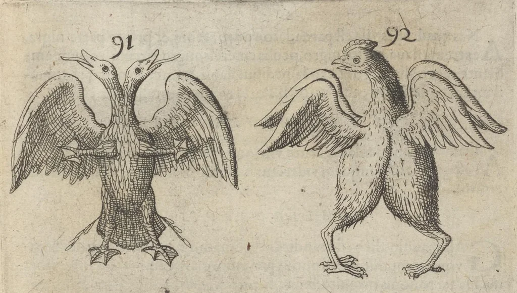 An illustration from Monstrorum historia memorabilis : monstrosa humanorum partuum miracula : stupendis conformationum formulis ab vtero materno enata : viuis exemplis, obseruationibus, & picturis, referens : accessit analogicum argumentum de monstris brutis : Supplementi loco ad observationes medicas Schenkianas edita, 1609, leaf 132
