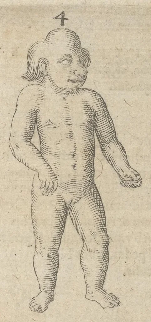 An illustration from Monstrorum historia memorabilis : monstrosa humanorum partuum miracula : stupendis conformationum formulis ab vtero materno enata : viuis exemplis, obseruationibus, & picturis, referens : accessit analogicum argumentum de monstris brutis : Supplementi loco ad observationes medicas Schenkianas edita, 1609, leaf 16