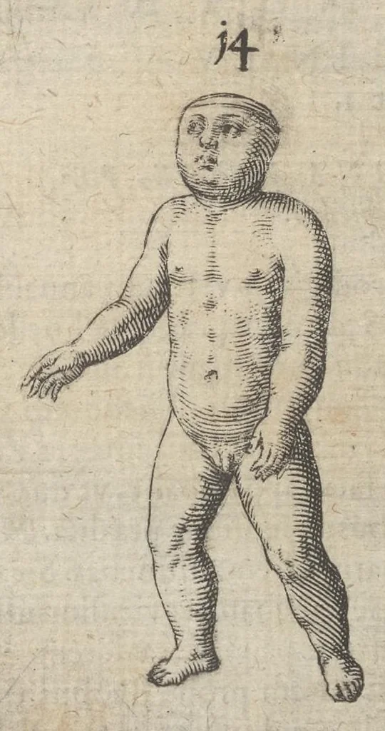 An illustration from Monstrorum historia memorabilis : monstrosa humanorum partuum miracula : stupendis conformationum formulis ab vtero materno enata : viuis exemplis, obseruationibus, & picturis, referens : accessit analogicum argumentum de monstris brutis : Supplementi loco ad observationes medicas Schenkianas edita, 1609, leaf 26