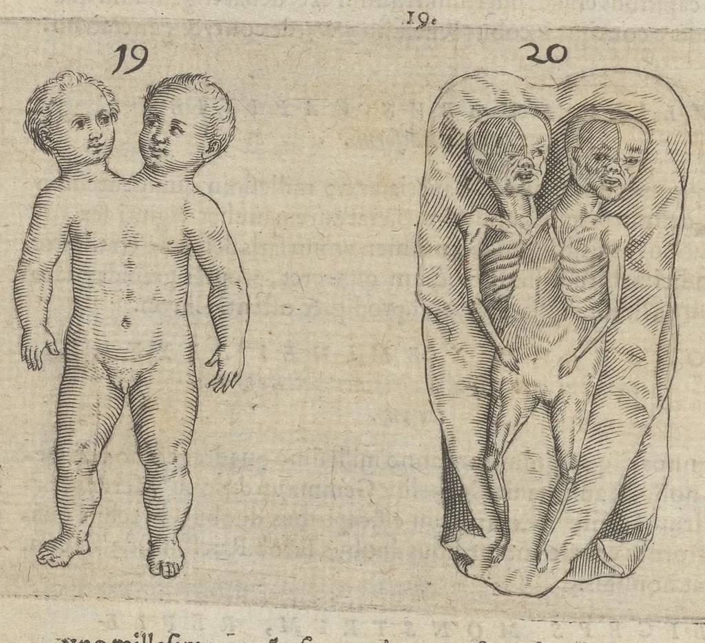 An illustration from Monstrorum historia memorabilis : monstrosa humanorum partuum miracula : stupendis conformationum formulis ab vtero materno enata : viuis exemplis, obseruationibus, & picturis, referens : accessit analogicum argumentum de monstris brutis : Supplementi loco ad observationes medicas Schenkianas edita, 1609, leaf 33