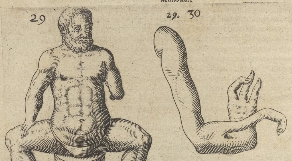 An illustration from Monstrorum historia memorabilis : monstrosa humanorum partuum miracula : stupendis conformationum formulis ab vtero materno enata : viuis exemplis, obseruationibus, & picturis, referens : accessit analogicum argumentum de monstris brutis : Supplementi loco ad observationes medicas Schenkianas edita, 1609, leaf 51