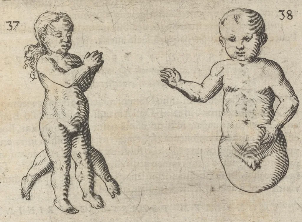 An illustration from Monstrorum historia memorabilis : monstrosa humanorum partuum miracula : stupendis conformationum formulis ab vtero materno enata : viuis exemplis, obseruationibus, & picturis, referens : accessit analogicum argumentum de monstris brutis : Supplementi loco ad observationes medicas Schenkianas edita, 1609, leaf 62
