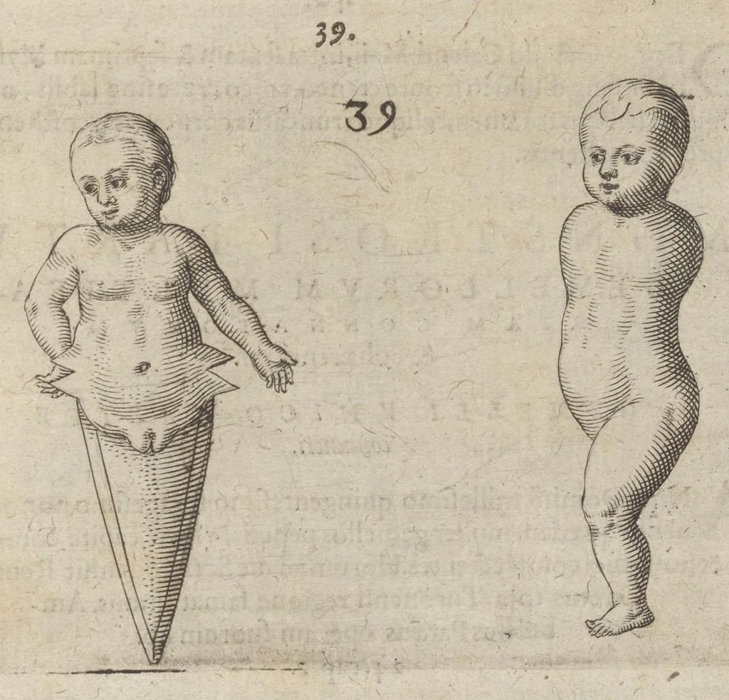 An illustration from Monstrorum historia memorabilis : monstrosa humanorum partuum miracula : stupendis conformationum formulis ab vtero materno enata : viuis exemplis, obseruationibus, & picturis, referens : accessit analogicum argumentum de monstris brutis : Supplementi loco ad observationes medicas Schenkianas edita, 1609, leaf 64