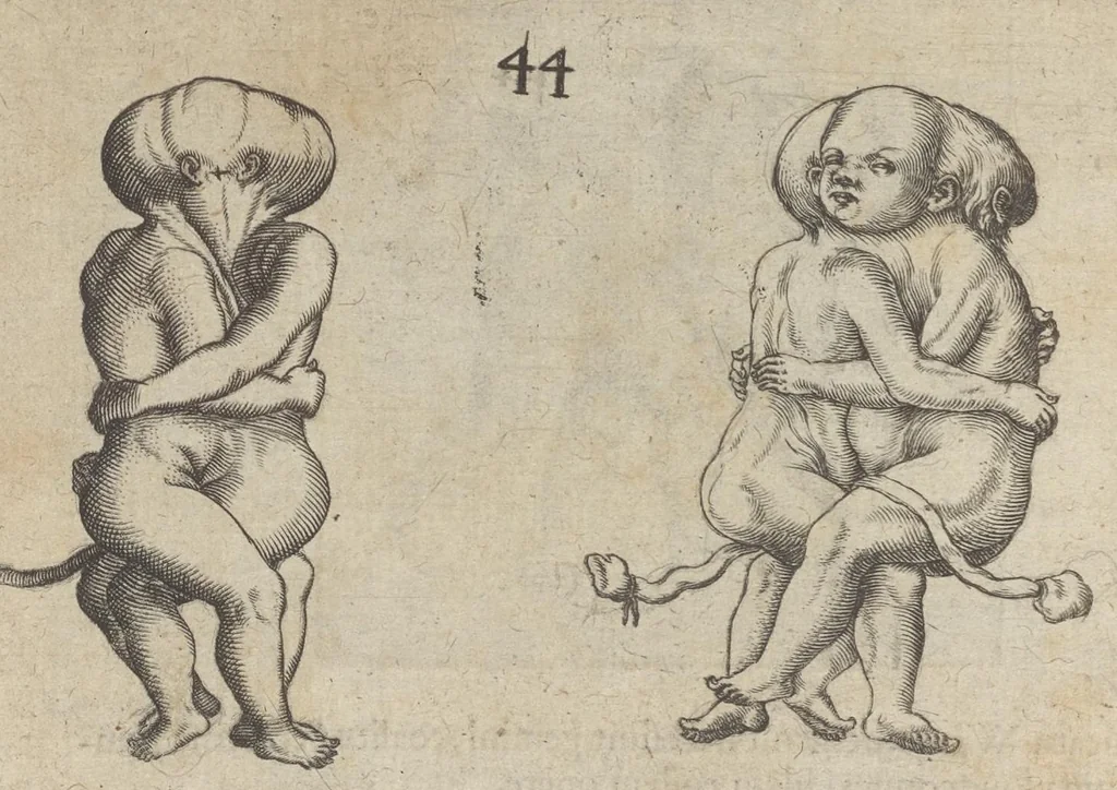 An illustration from Monstrorum historia memorabilis : monstrosa humanorum partuum miracula : stupendis conformationum formulis ab vtero materno enata : viuis exemplis, obseruationibus, & picturis, referens : accessit analogicum argumentum de monstris brutis : Supplementi loco ad observationes medicas Schenkianas edita, 1609, leaf 69