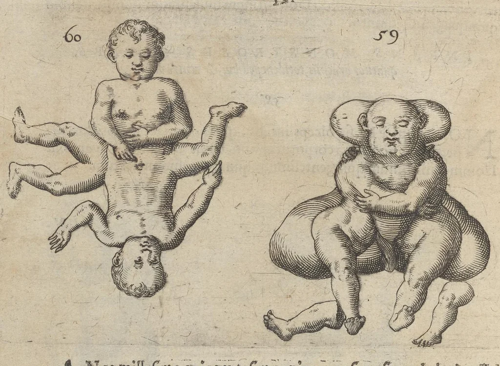An illustration from Monstrorum historia memorabilis : monstrosa humanorum partuum miracula : stupendis conformationum formulis ab vtero materno enata : viuis exemplis, obseruationibus, & picturis, referens : accessit analogicum argumentum de monstris brutis : Supplementi loco ad observationes medicas Schenkianas edita, 1609, leaf 93