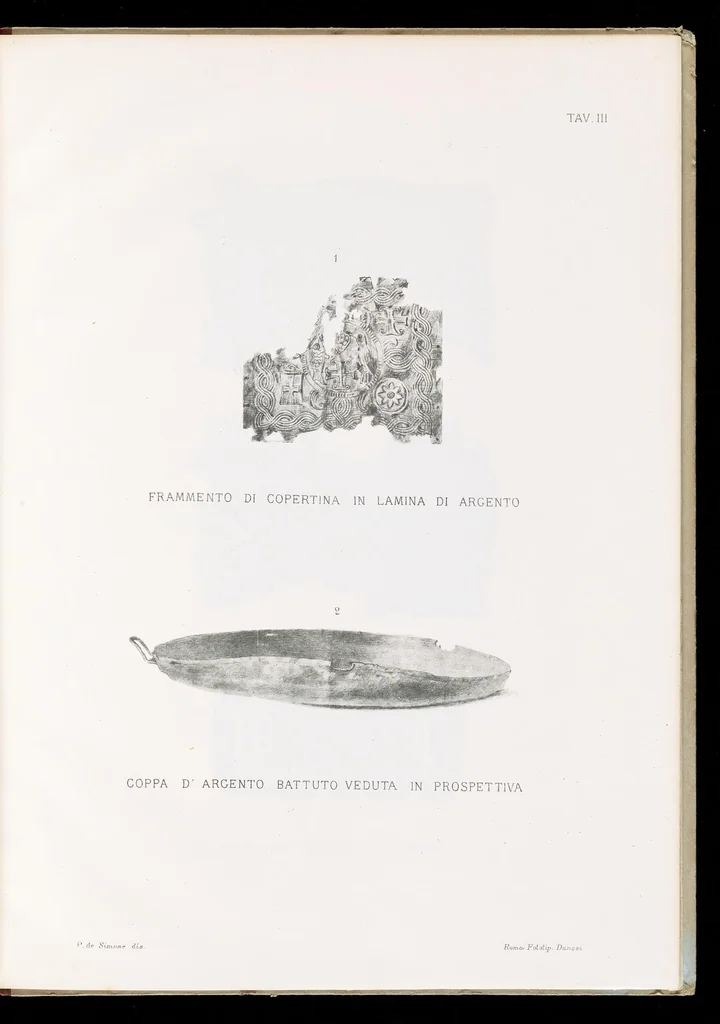 An illustration from Commenti sopra suppellettili sacre di argento ed oro appartenute ai primissimi secoli della chiesa : pubblicati gia il 1o gennaio 1888 pel faustissimo giorno del sacerdotale giubileo di papa Leone XIII e dedicati ai cultori di archeologia cristiana, 1890, leaf 10