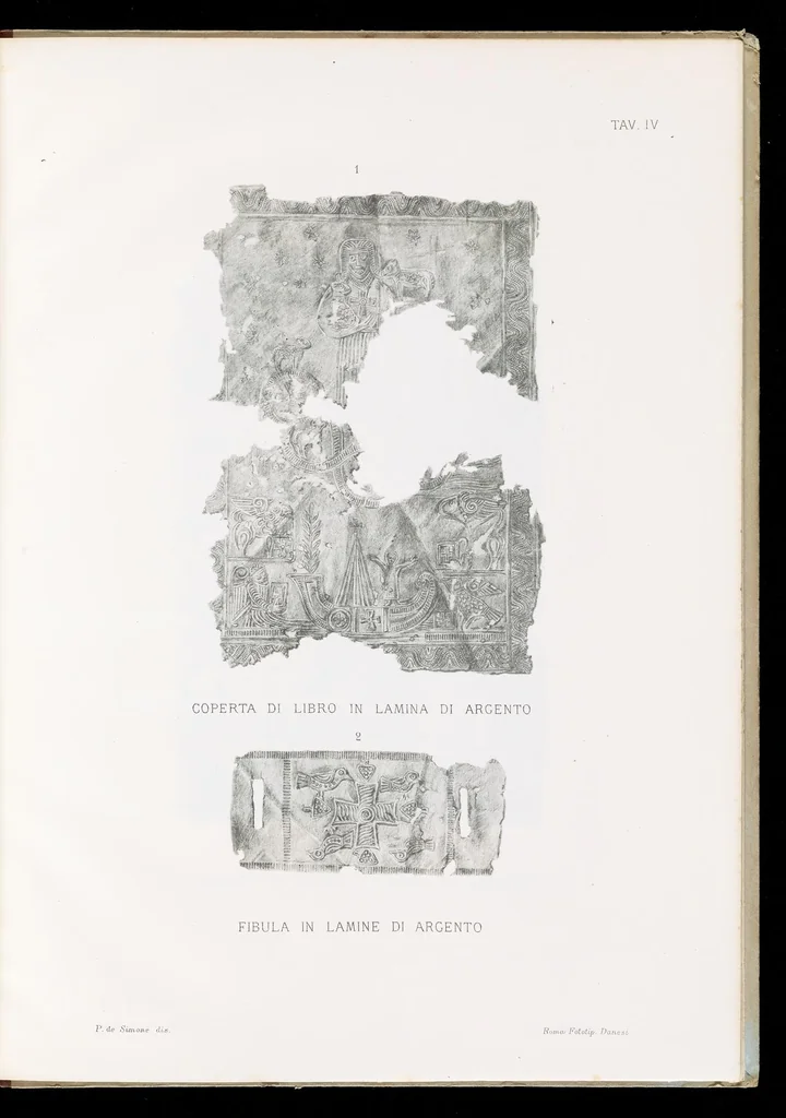 An illustration from Commenti sopra suppellettili sacre di argento ed oro appartenute ai primissimi secoli della chiesa : pubblicati gia il 1o gennaio 1888 pel faustissimo giorno del sacerdotale giubileo di papa Leone XIII e dedicati ai cultori di archeologia cristiana, 1890, leaf 12