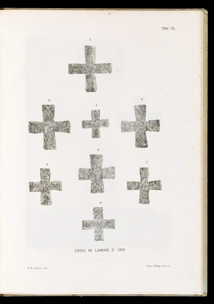 An illustration from Commenti sopra suppellettili sacre di argento ed oro appartenute ai primissimi secoli della chiesa : pubblicati gia il 1o gennaio 1888 pel faustissimo giorno del sacerdotale giubileo di papa Leone XIII e dedicati ai cultori di archeologia cristiana, 1890, leaf 22