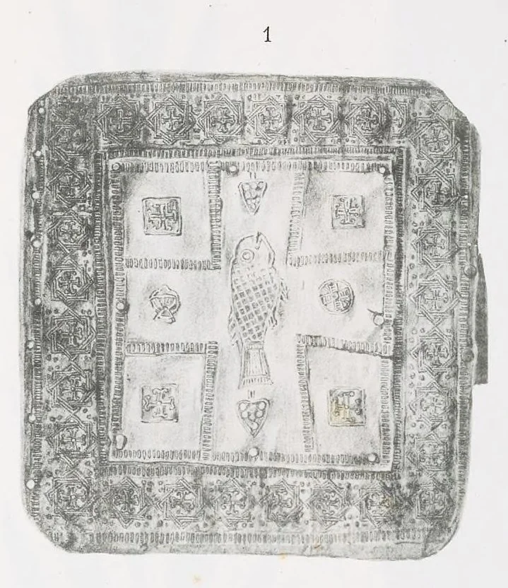 An illustration from Commenti sopra suppellettili sacre di argento ed oro appartenute ai primissimi secoli della chiesa : pubblicati gia il 1o gennaio 1888 pel faustissimo giorno del sacerdotale giubileo di papa Leone XIII e dedicati ai cultori di archeologia cristiana, 1890, leaf 28