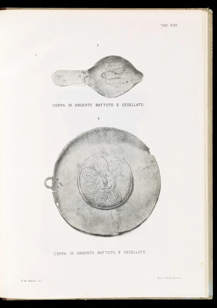 An illustration from Commenti sopra suppellettili sacre di argento ed oro appartenute ai primissimi secoli della chiesa : pubblicati gia il 1o gennaio 1888 pel faustissimo giorno del sacerdotale giubileo di papa Leone XIII e dedicati ai cultori di archeologia cristiana, 1890, leaf 48